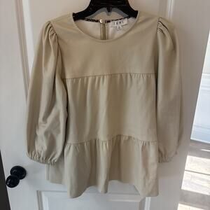 Women’s THMO Leather Blouse Shirt 3/4 Sleeve Light Khaki Size Medium